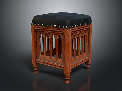 Classic Wooden Ottoman With Black Padded Top And Metal Studs Carved Details 3d model