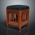 Classic Wooden Ottoman With Black Padded Top And Metal Studs Carved Details