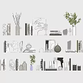 Decorative Ornament Combination On White Shelves With Books Vases Green Plants And Sculptures