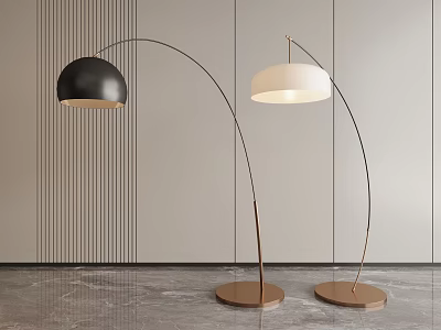 Modern Arched Floor Lamps With Golden Base And Black White Shades In Minimalist Interior 3d model
