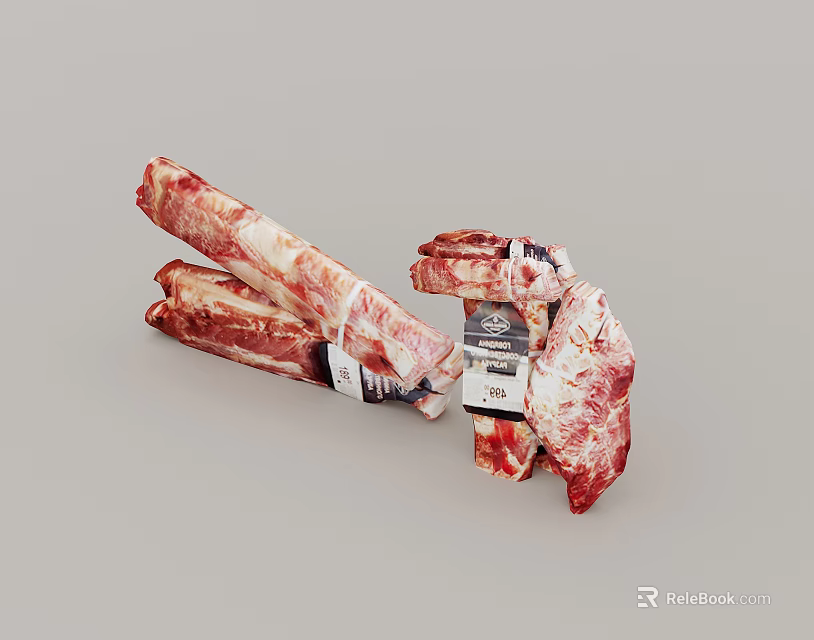 Packaged Raw Meat Cuts Featuring Ribs Chunks And Fresh Labels 3d model