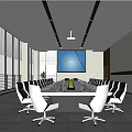 Modern Conference Room Interior Design With Large Windows Long Table White Chairs And Green Plants