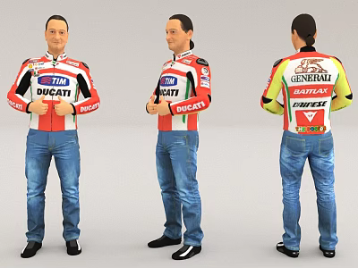 Man Wearing Red White Ducati Jacket With Sponsor Logos Blue Jeans Black Shoes Different Angles 3d model