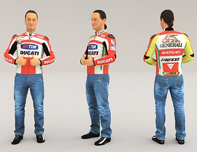 Man Wearing Red White Ducati Jacket With Sponsor Logos Blue Jeans Black Shoes Different Angles 3d model