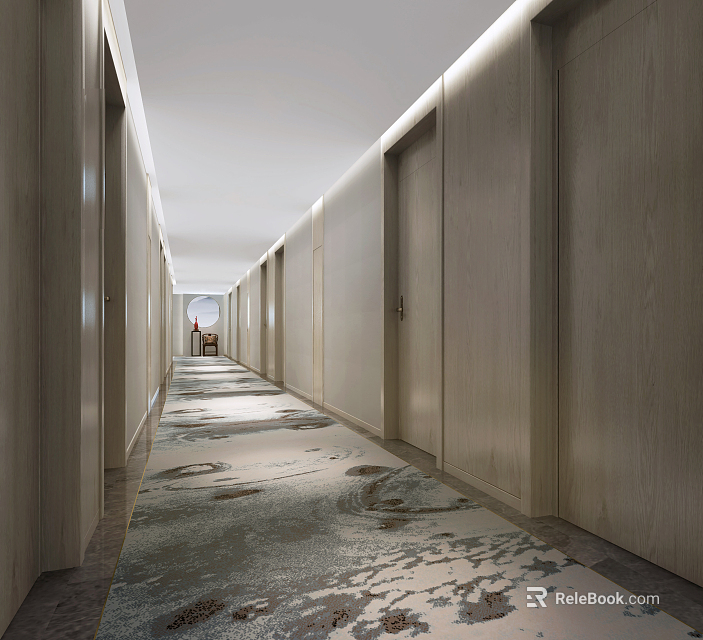 Modern Hotel Corridor With Long Patterned Carpet Wooden Doors And Soft Lighting 3d model 