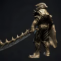 Golden Ornate Medieval Armor with Detailed Decorative Shield and Sword