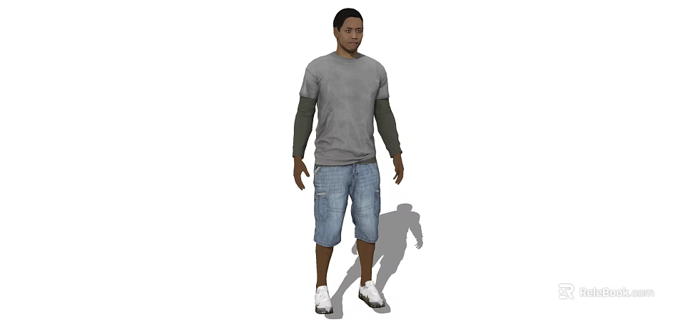 A Man Wearing Gray T-shirt Blue Denim Shorts And White Sneakers Standing With Shadow 3d model 