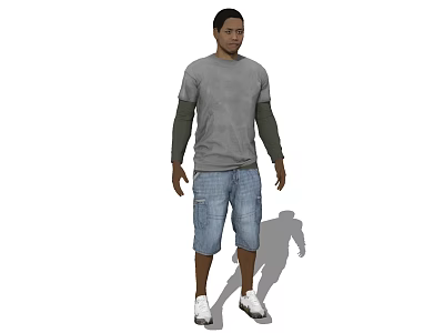 A Man Wearing Gray T-shirt Blue Denim Shorts And White Sneakers Standing With Shadow 3d model