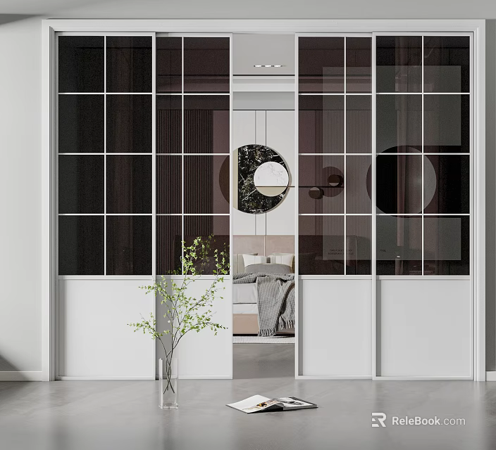 Modern Interior With Glass Sliding Doors White Frames Round Mirror And Green Plant 3d model 