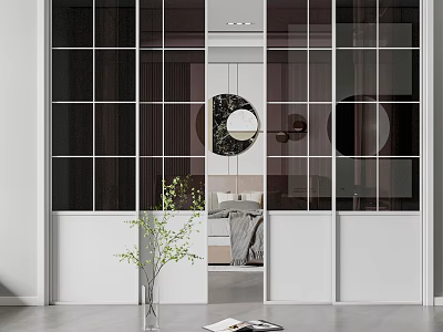 Modern Interior With Glass Sliding Doors White Frames Round Mirror And Green Plant 3d model