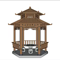 Chinese Traditional Pavilion With Wooden Structure Carved Design And Stone Table Seating