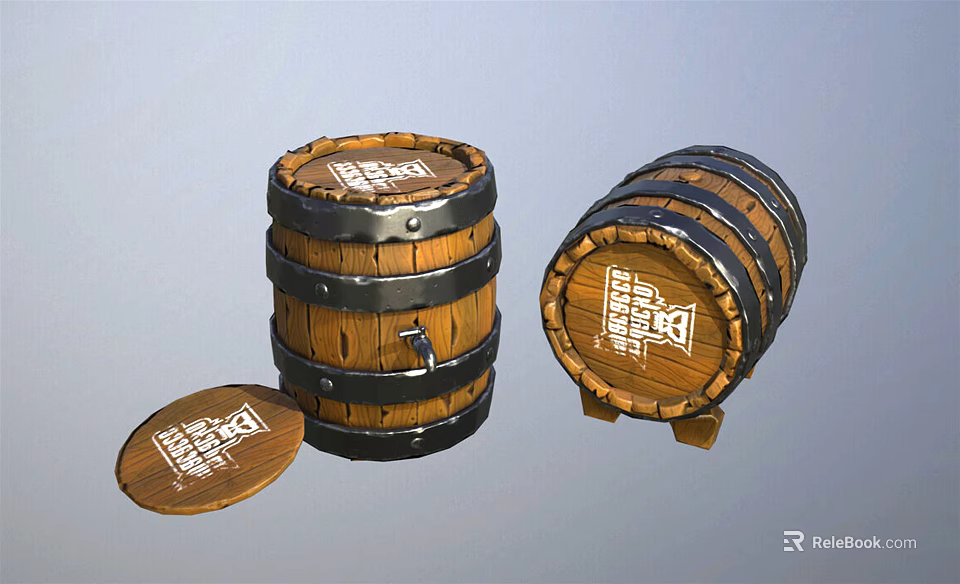 Rustic Wooden Barrels For Home Decor With Lid And Stand Design 3d model 