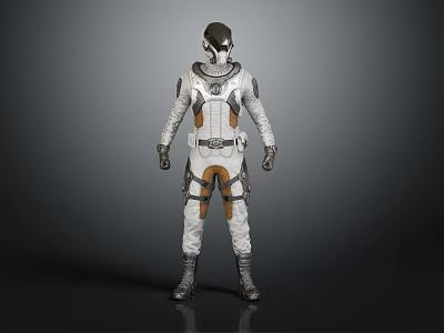 Futuristic Character In White Brown Protective Spacesuit With Helmet And Straps 3d model