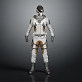 Futuristic Character In White Brown Protective Spacesuit With Helmet And Straps