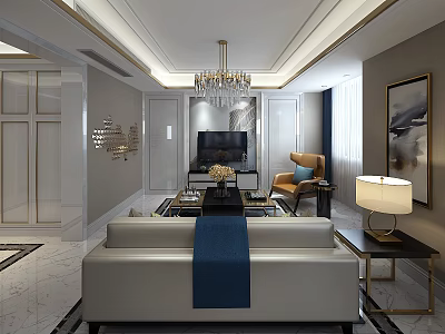 Elegant Modern Living Room Interior With White Sofa Blue Throw Crystal Chandelier And TV 3d model