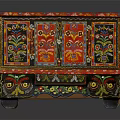 Colorful Hand Painted Console Cabinet With Traditional Decorative Patterns And Red Black Finish