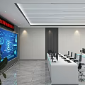 Modern Monitoring Room With Large Screen Display Multiple Computer Monitors And LED Strip Lighting