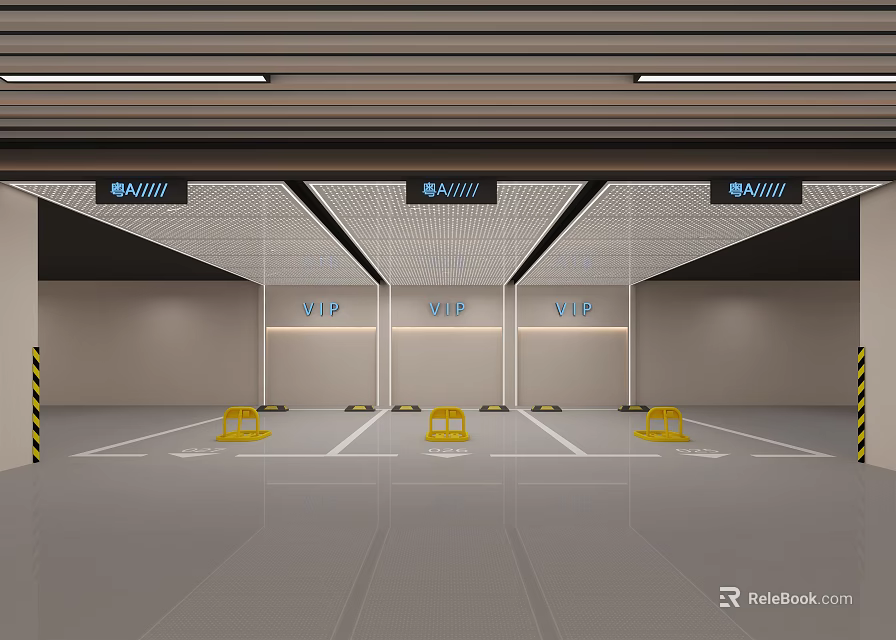 Modern Well Lit Parking Garage With VIP Parking Spaces Yellow Wheel Stops And Warning Stripes 3d model 
