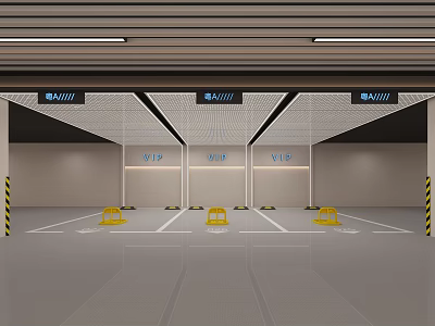Modern Well Lit Parking Garage With VIP Parking Spaces Yellow Wheel Stops And Warning Stripes 3d model