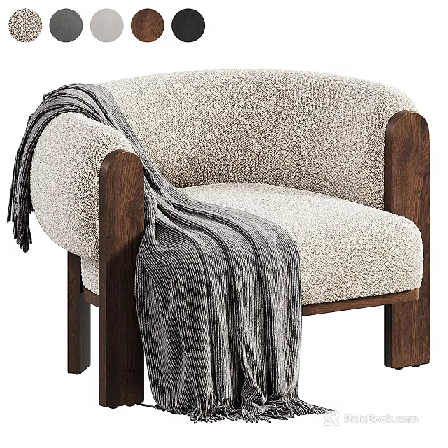 Modern Beige Textured Fabric Lounge Chair With Dark Wooden Armrests Featuring Gray Striped Throw Blanket 3d model 