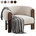 Modern Beige Textured Fabric Lounge Chair With Dark Wooden Armrests Featuring Gray Striped Throw Blanket