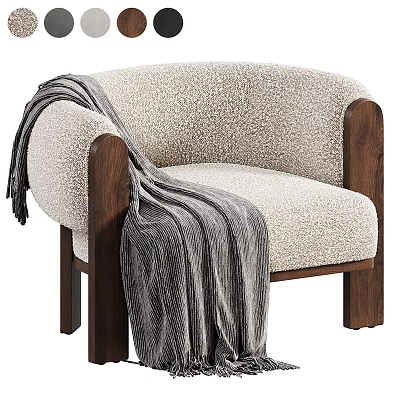 Modern Beige Textured Fabric Lounge Chair With Dark Wooden Armrests Featuring Gray Striped Throw Blanket 3d model