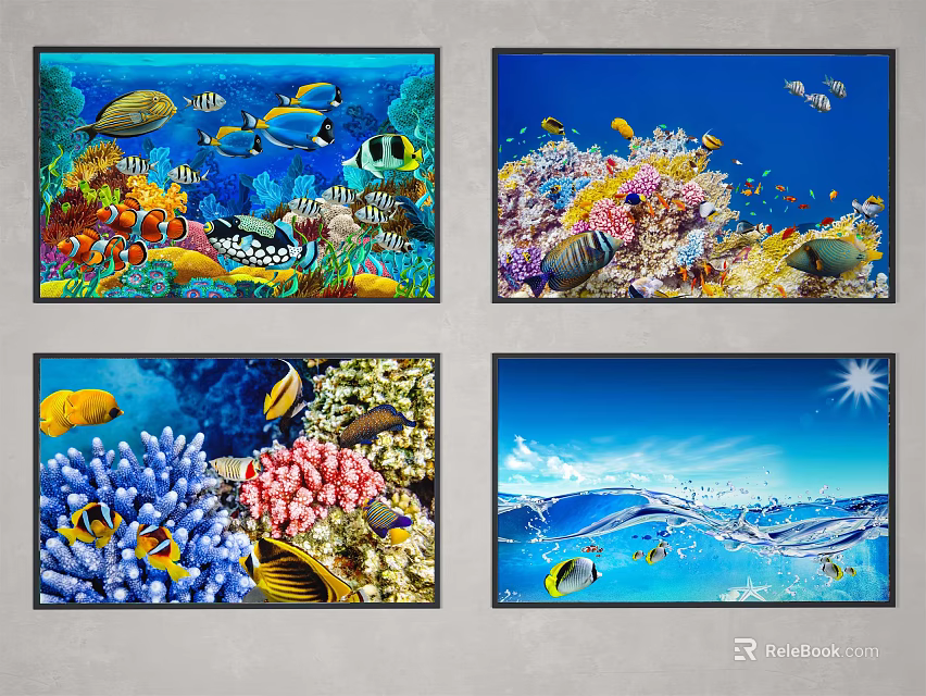 Vibrant Ocean Themed Animal Paintings With Colorful Coral Fish And Waves 3d model 