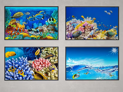 Vibrant Ocean Themed Animal Paintings With Colorful Coral Fish And Waves 3d model