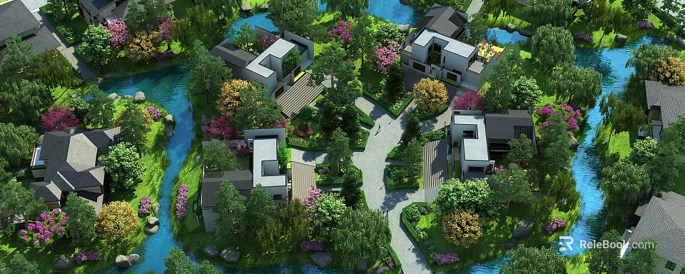 Modern Garden Landscape With Contemporary Buildings Lush Greenery And Water Features 3d model 