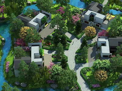 Modern Garden Landscape With Contemporary Buildings Lush Greenery And Water Features 3d model