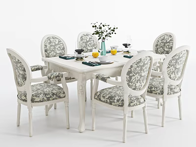 Classic White Dining Table Set With Six Patterned Upholstered Chairs Vase Green Plants Tableware 3d model