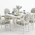 Classic White Dining Table Set With Six Patterned Upholstered Chairs Vase Green Plants Tableware 3d model