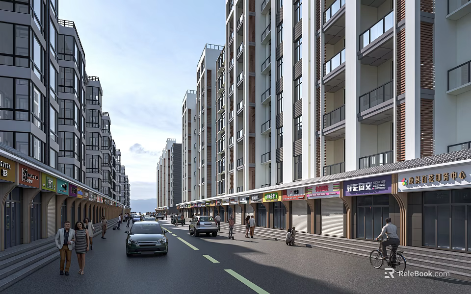 Vibrant Commercial Street In Urban Area With Tall Buildings Shops Pedestrians And Cars 3d model 