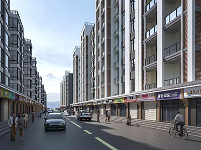 Vibrant Commercial Street In Urban Area With Tall Buildings Shops Pedestrians And Cars 3d model