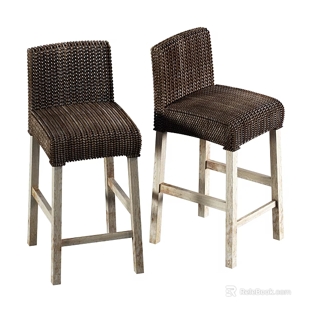 Woven Brown Bar Stools with Natural Wooden Legs and Comfortable Seats 3d model 