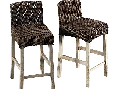 Woven Brown Bar Stools with Natural Wooden Legs and Comfortable Seats 3d model