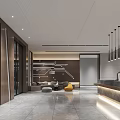 Modern Reception Interior With Staircases Elegant Desk Pendant Lights And Decorative Wall Art
