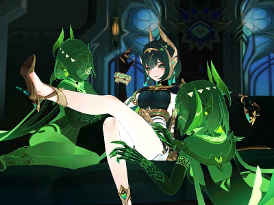 Elegant Woman In Elaborate Green Ornamental Outfit With Fantasy Background Details 3d model