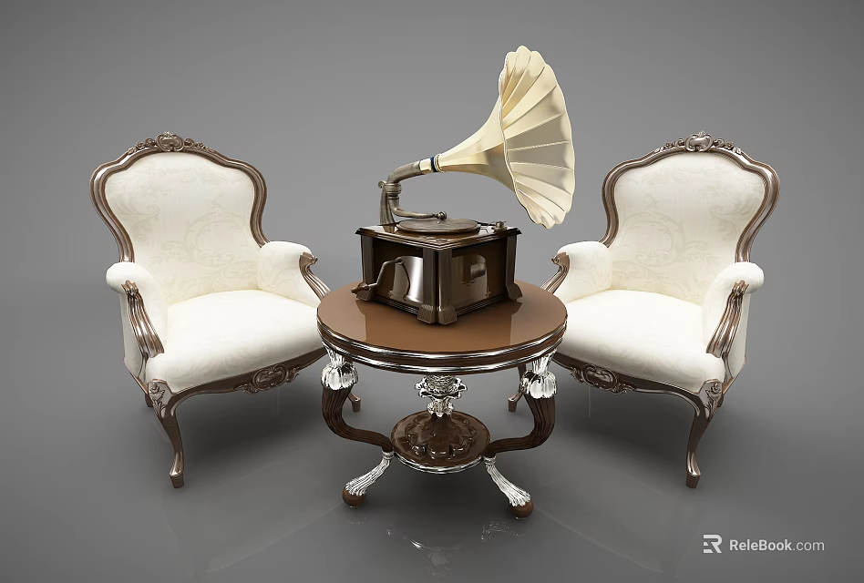Lounge Chair Set With Carved Wooden Frame White Upholstery Vintage Gramophone On Round Table 3d model 