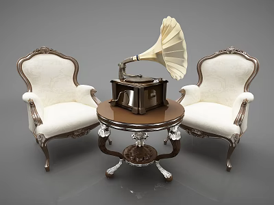 Lounge Chair Set With Carved Wooden Frame White Upholstery Vintage Gramophone On Round Table 3d model