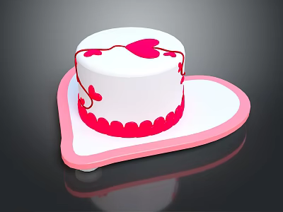 White Cake With Red Heart Decorations And Butterflies On Pink Heart Shaped Tray 3d model