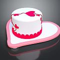 White Cake With Red Heart Decorations And Butterflies On Pink Heart Shaped Tray