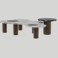 Modern Unique Shape Coffee Table With White Black Marble Top And Brown Cylindrical Legs