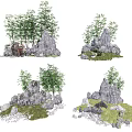 Courtyard Garden Design With Bamboo Trees Rock Features And Small Structures 3d model