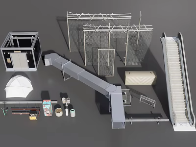 Public Facilities Featuring Escalator Metal Fence Locker Bench Trash Can And Trolley 3d model