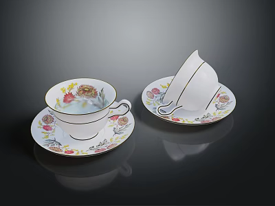 Classic White Teacup Set With Delicate Floral Prints And Gold Rim Saucer 3d model