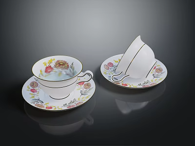 Classic White Teacup Set With Delicate Floral Prints And Gold Rim Saucer 3d model Classic White Teacup Set With Delicate Floral Prints And Gold Rim Saucer 3d model