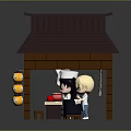 Lego Style Miniature Pavilion Scene With Brown Roof Yellow Lanterns Figures And Bar Counter