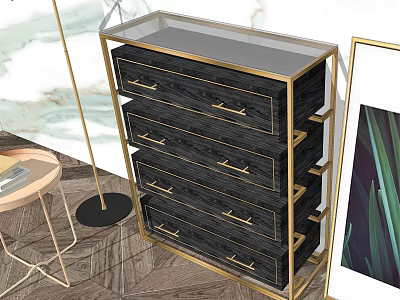 Modern Entryway Console Cabinet with Black Wood Gold Metal Frame and Drawers 3d model