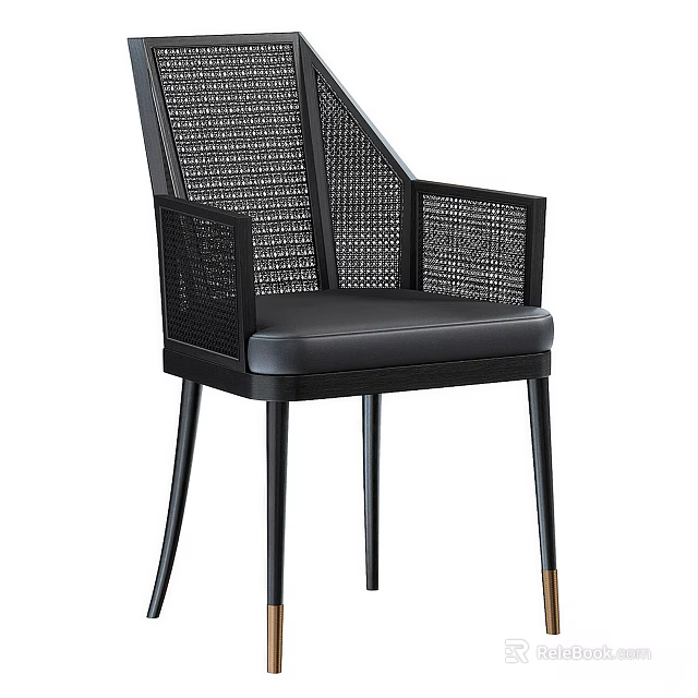 Modern Single Chair With Rattan Armrests Leather Seat And Black Metal Legs With Gold Accents 3d model 